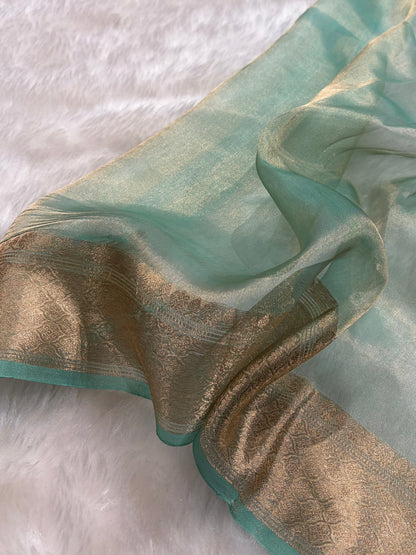 Sea Green Bananasi Floral Shades Pure Tissue Silk Saree PT-40