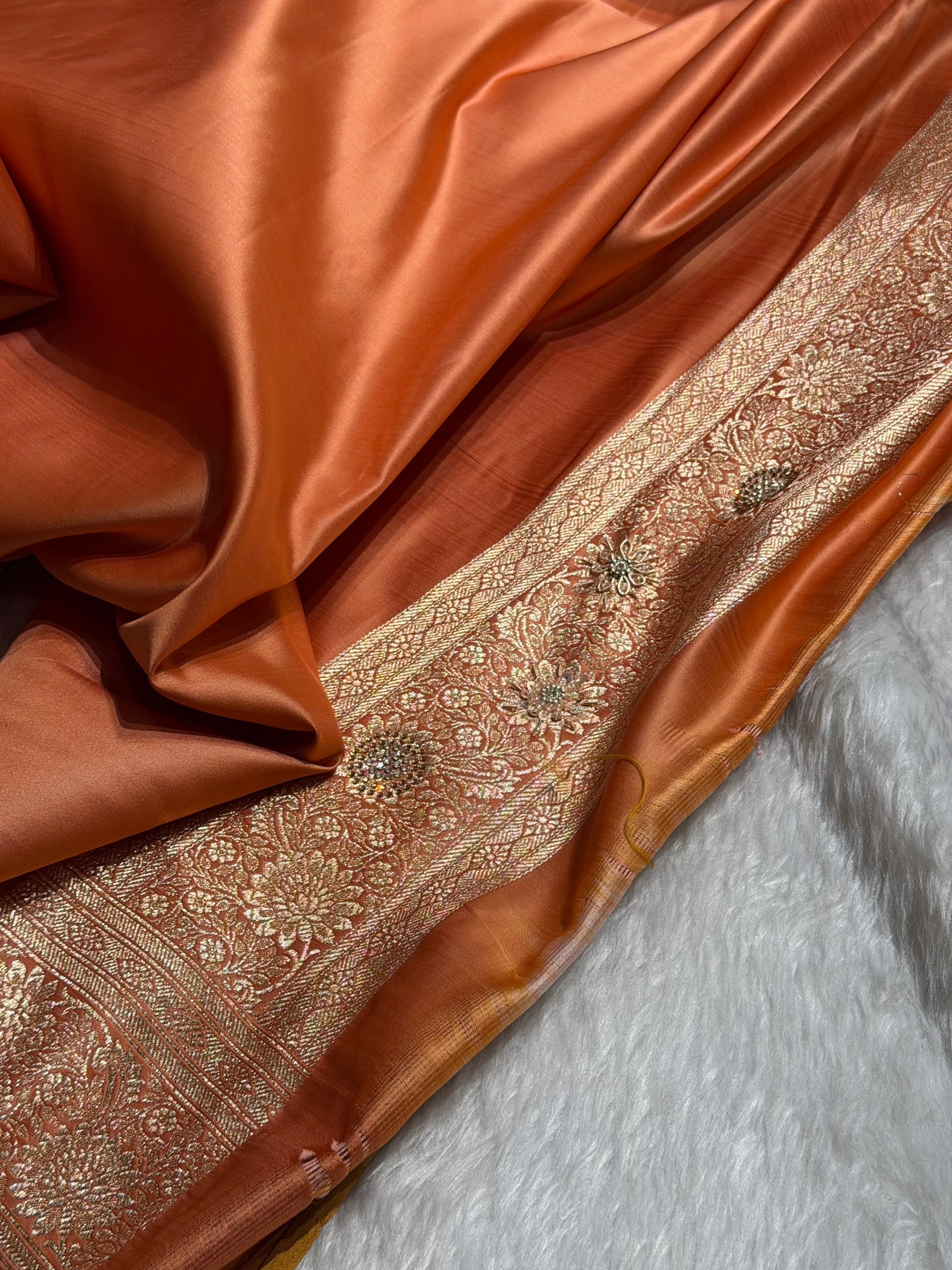 Mustard Tusser With Peach Booti With Ari & Zardozi Work Satin Katan Silk saree BSK29