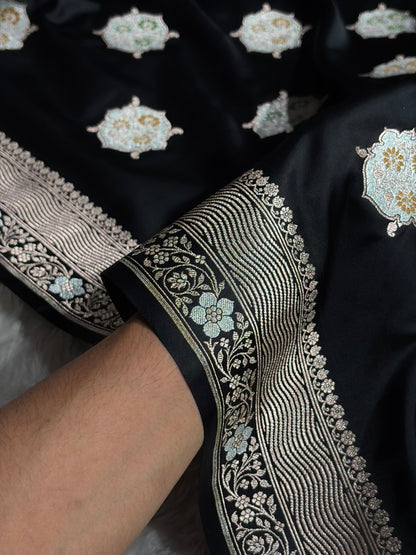 Premium Banarasi Satin Katan Saree Minakari Booti Pattern in Black Shades SK138