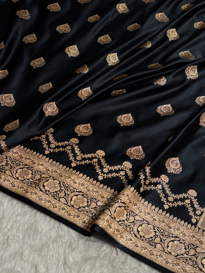 Banarasi Satin Katan Saree Floral Boota Pattern in Black Shades SK145