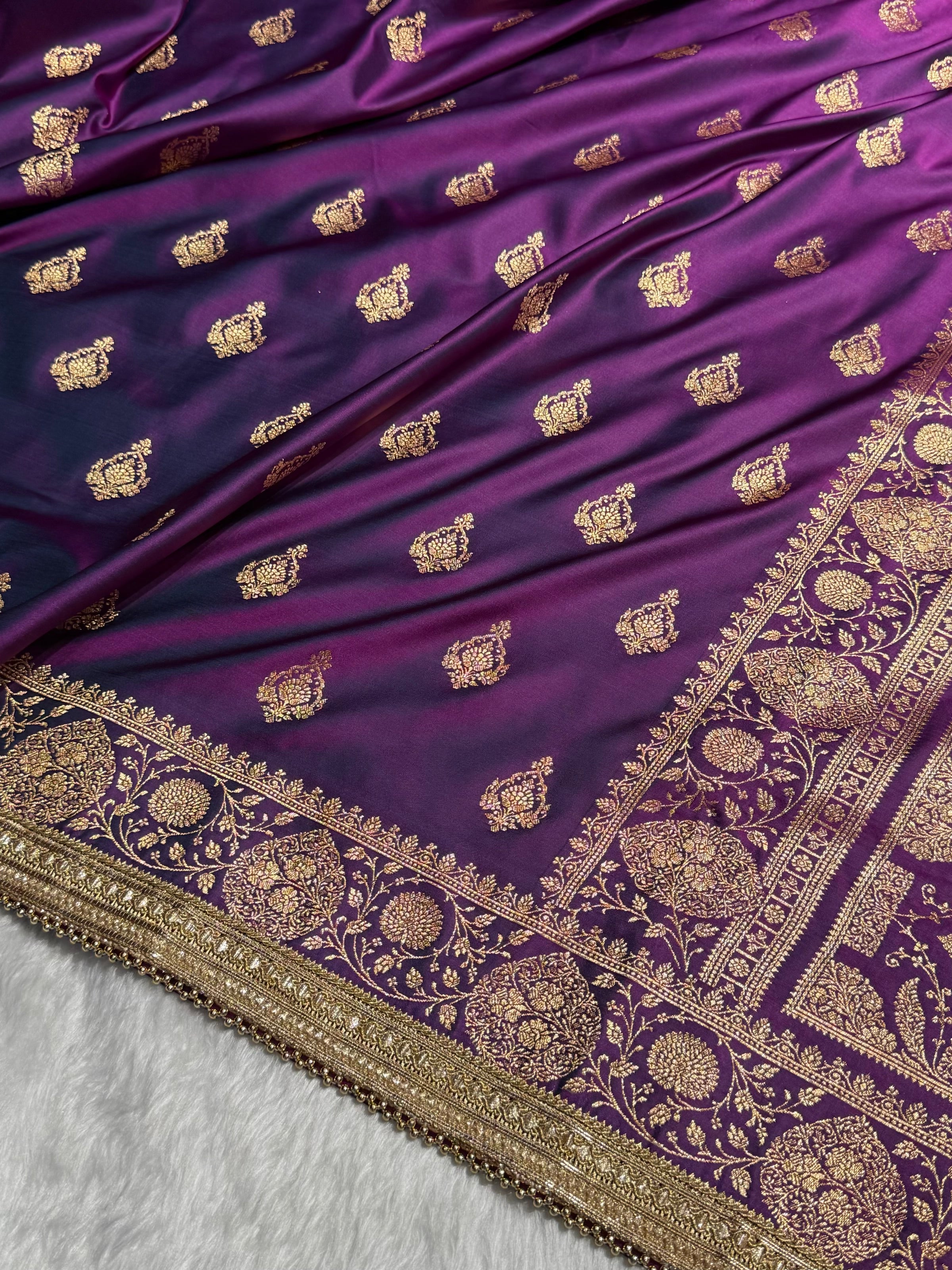 Banarasi Satin Katan Saree With Gotta Patti Boota in Cross Wine Shades SKGP98