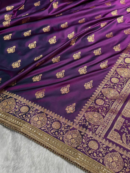 Banarasi Satin Katan Saree With Gotta Patti Boota in Cross Wine Shades SKGP98