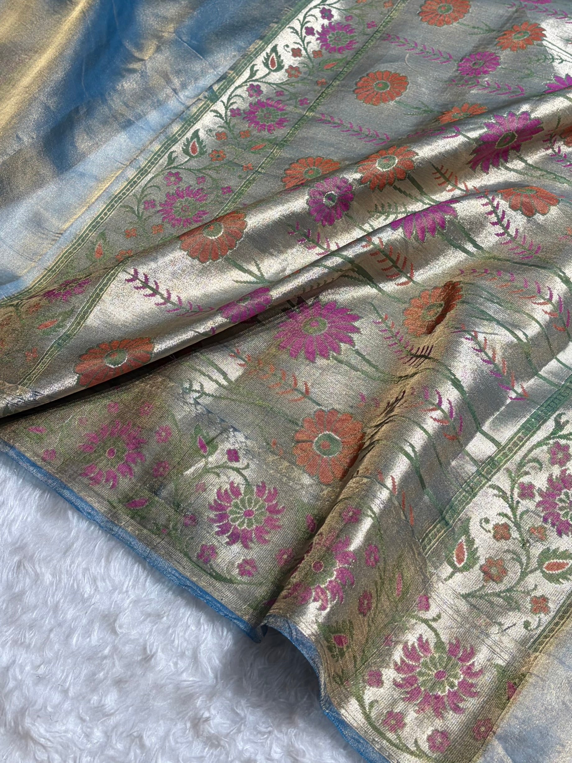 Banarasi Powder Blue Shades With Minakari Border Pure Tissue Silk Saree PT-59