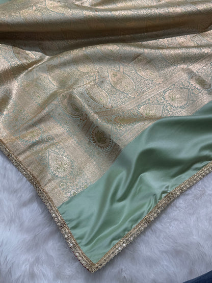 Banarasi Satin Katan Silk Saree In Pastel Pista Shades with gotta Patti