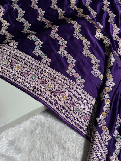 Purple Shades Banarasi Minakari Mashru Silk Saree With Cross Pattern MCS02