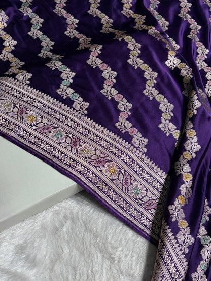 Purple Shades Banarasi Minakari Mashru Silk Saree With Cross Pattern MS02