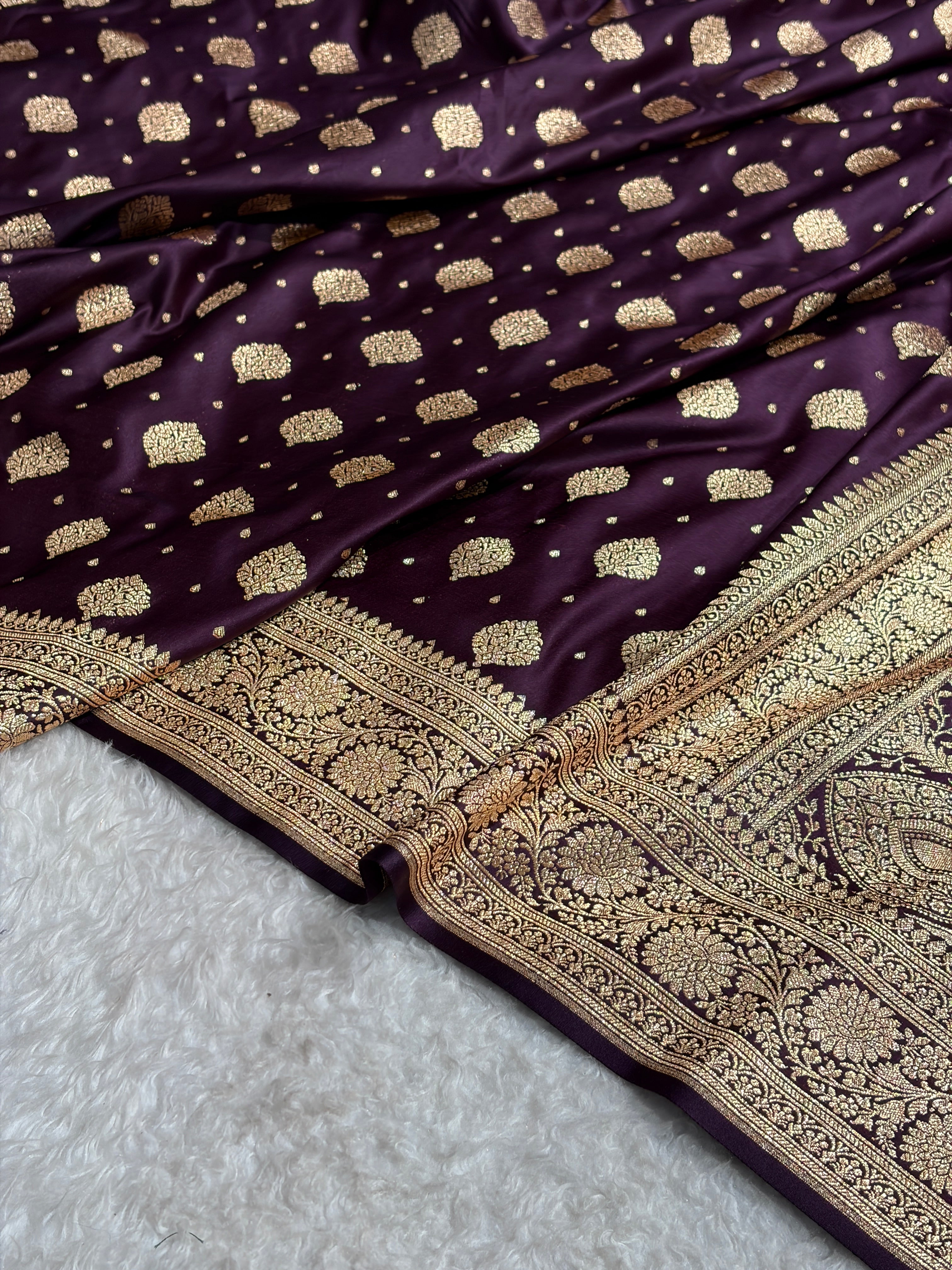 Cross Dark Wine Unique Boota Pattern Satin Katan Silk Saree SK69