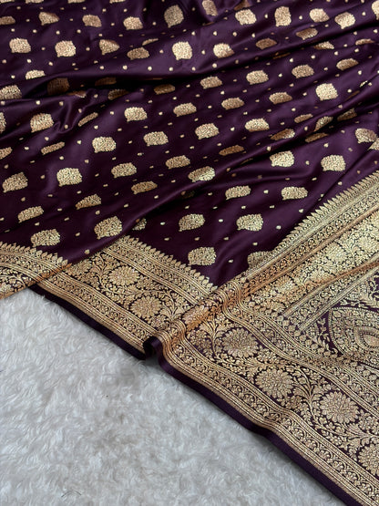 Cross Dark Wine Unique Boota Pattern Satin Katan Silk Saree SK69