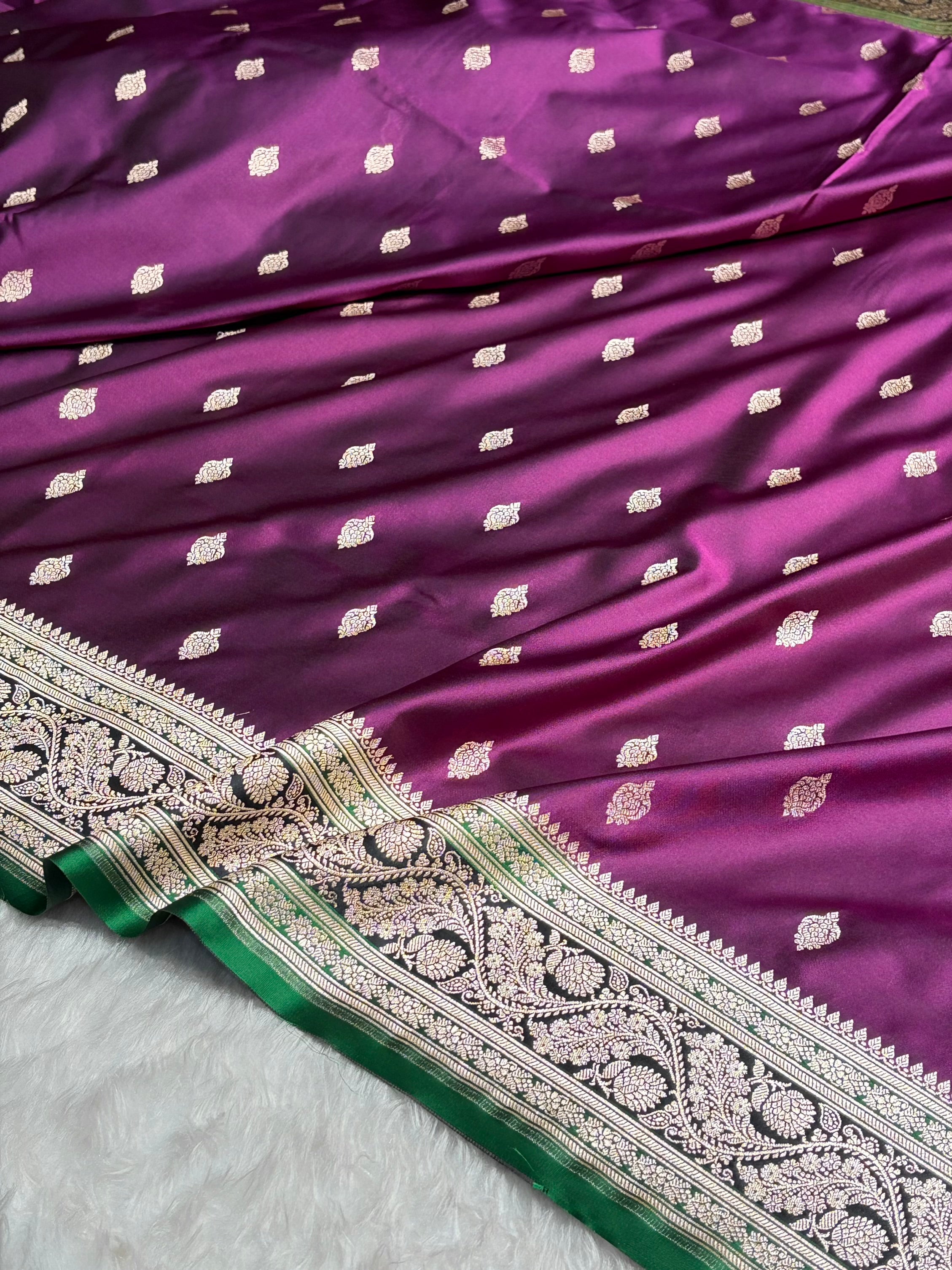 Banarasi Cross Wine With Contrast Black Floral Border Mashru Silk Saree MSM-101