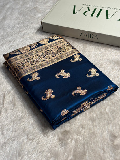 Satin Silk Saree Floral Boota in German Blue Shades SS27