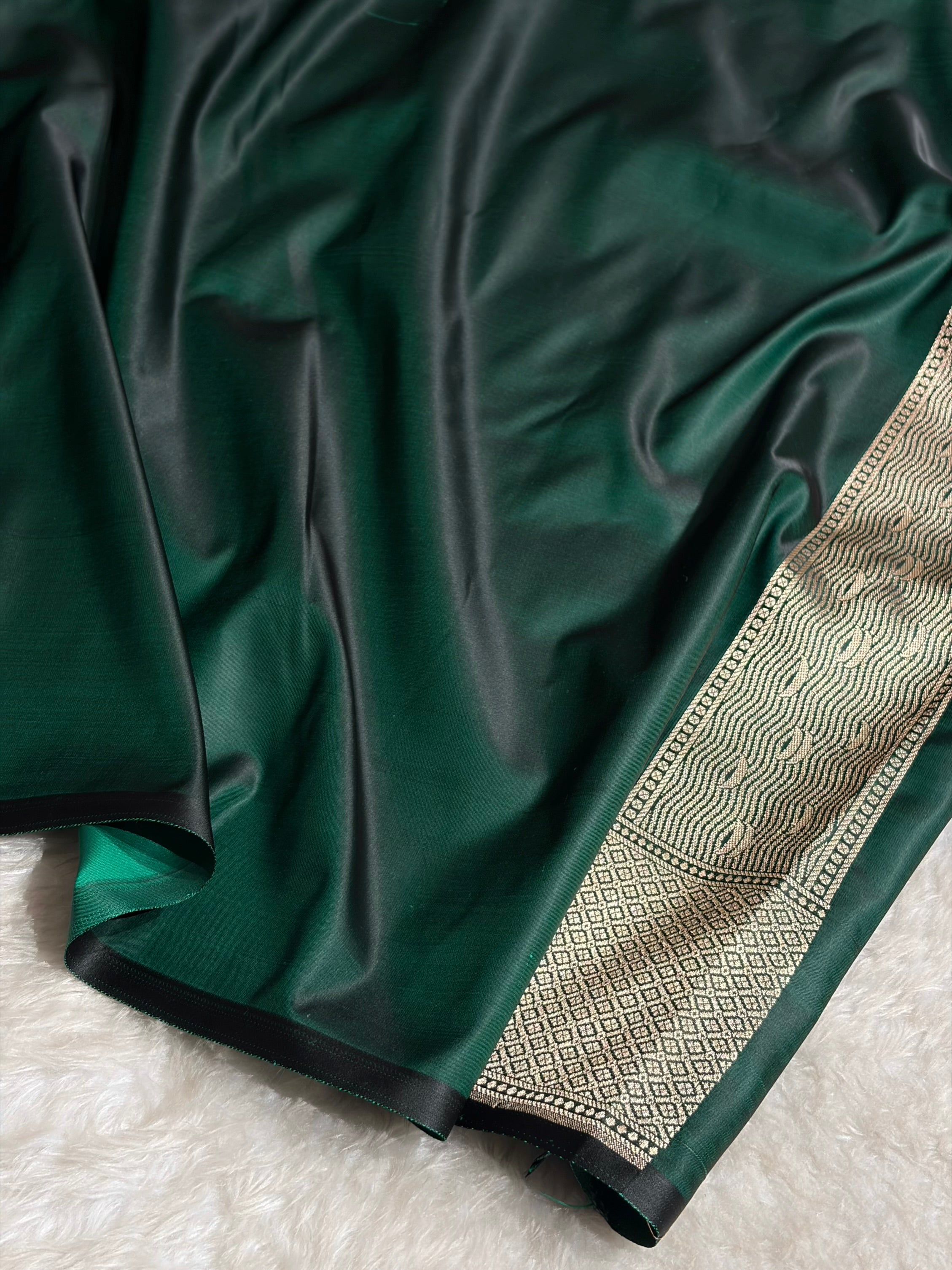 Dark Green Shades Ghat Pattern Satin Katan Silk Saree SK19