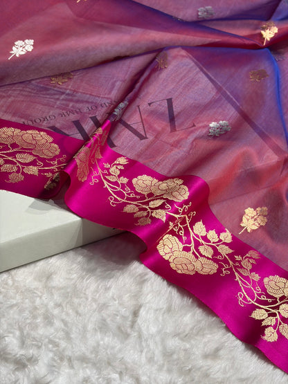 Contrast Pure Banarasi Organza Cross Pink With Rani Floral Banarasi Silk Saree PO-13