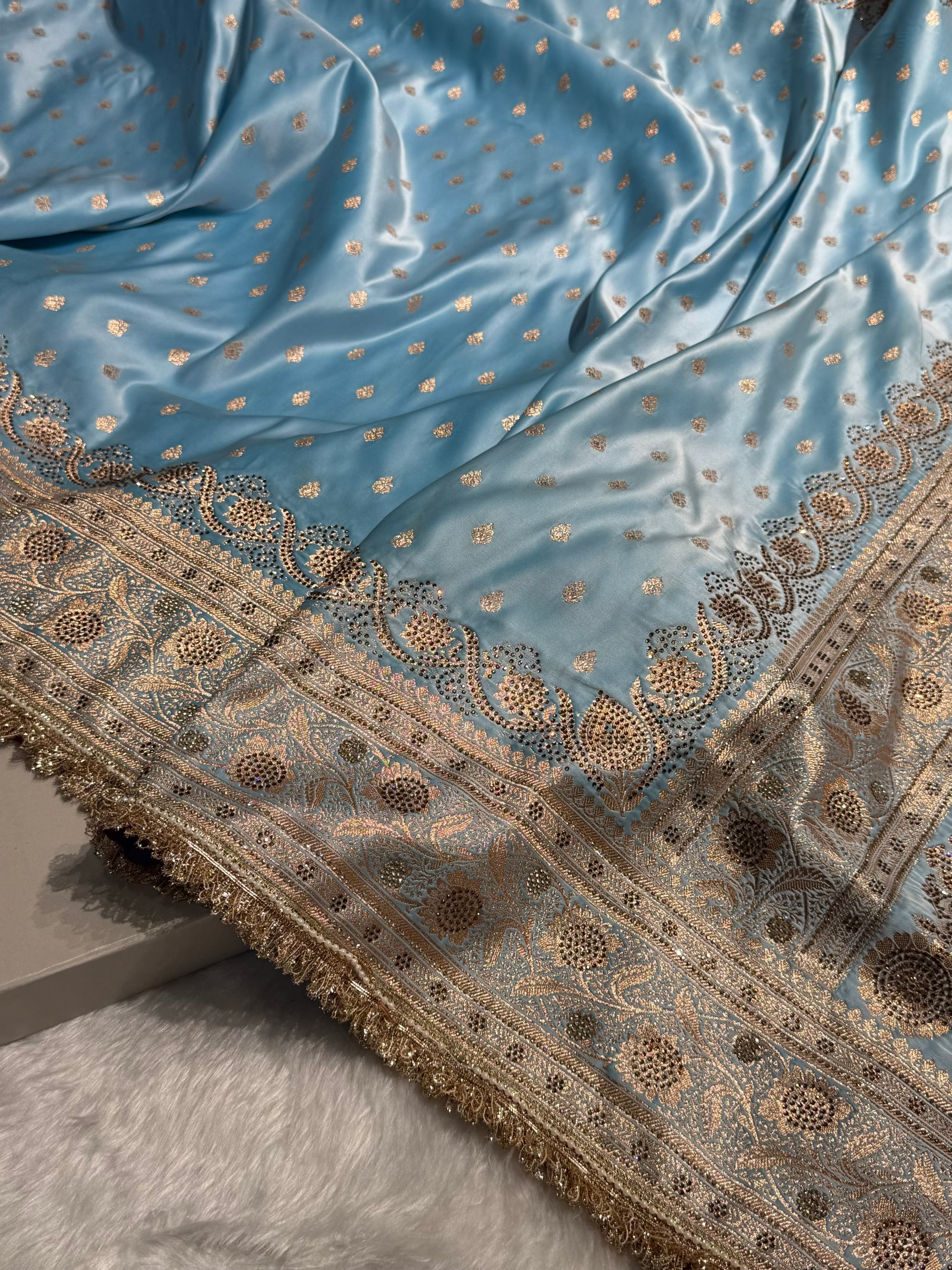 Banarasi Katan Silk Saree In light Sky Blue Shades With Swarovski & Gotta Patti Work BSKGP08