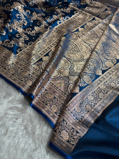 German Blue Shades Jaal Pattern Banarasi Satin Silk Saree SS49