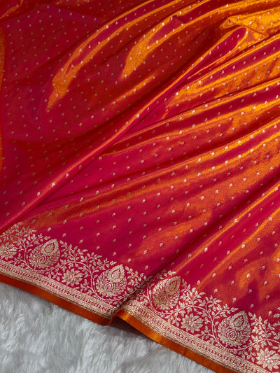 Satin Silk Saree Floral Boota in Pinkish Orange Shades SS28