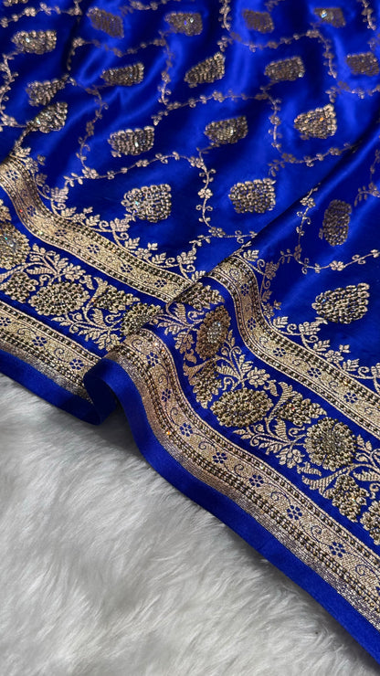 Royal Blue Floral Jaal Pattern Satin Katan Silk saree BSK42