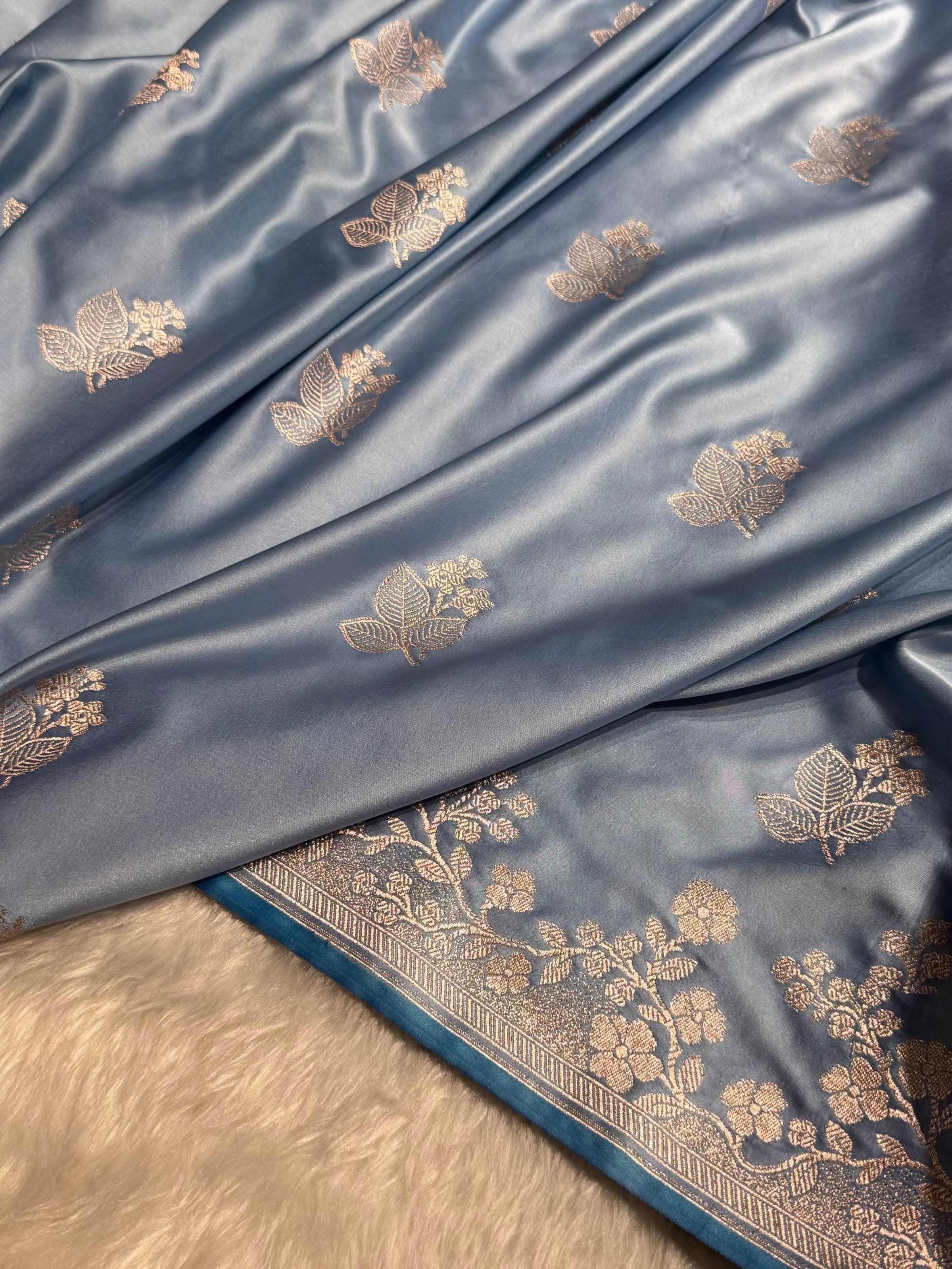 Banarasi Sky Blue Shades With Floral Border Mashru Silk Saree MS83