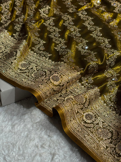 Banarasi Bridal Mehendi Shades With Swarovski Stone and White Stone Work Satin Silk Saree BSS32