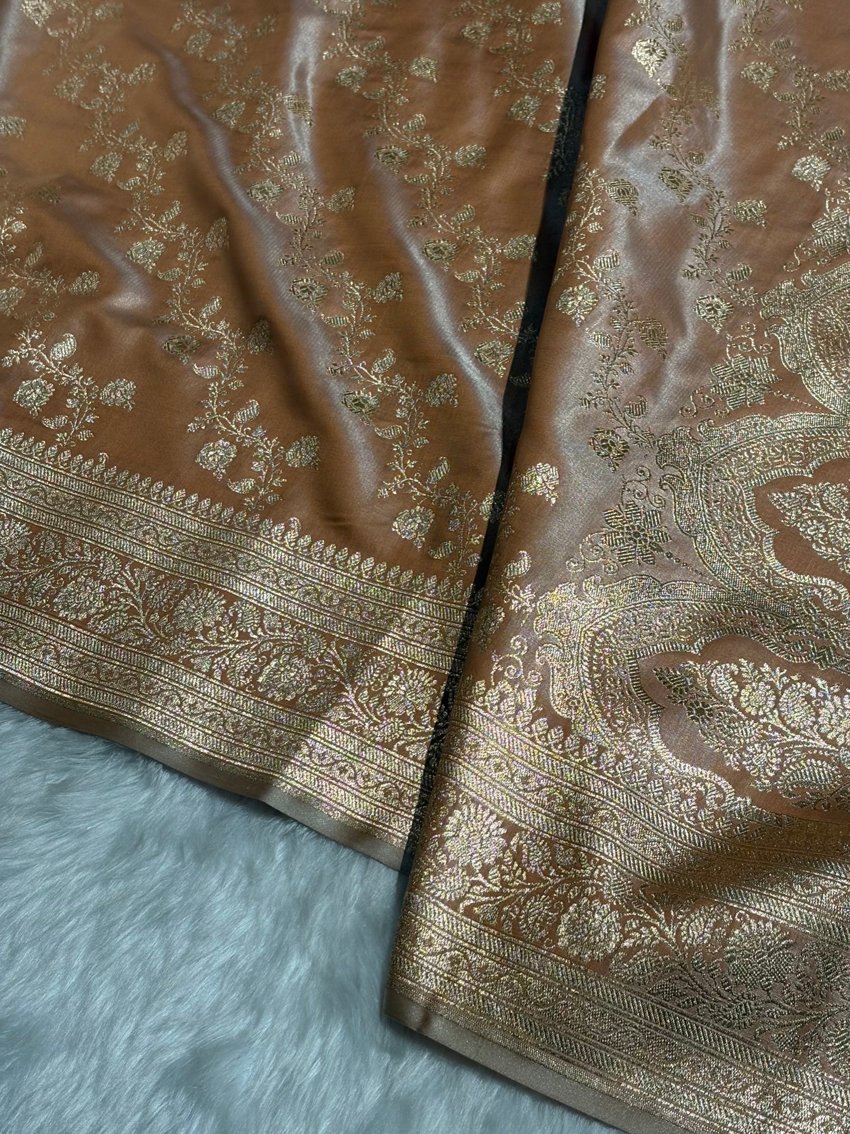 Tusser Shades Banarasi  Cross Jaal Satin Silk Saree SS11