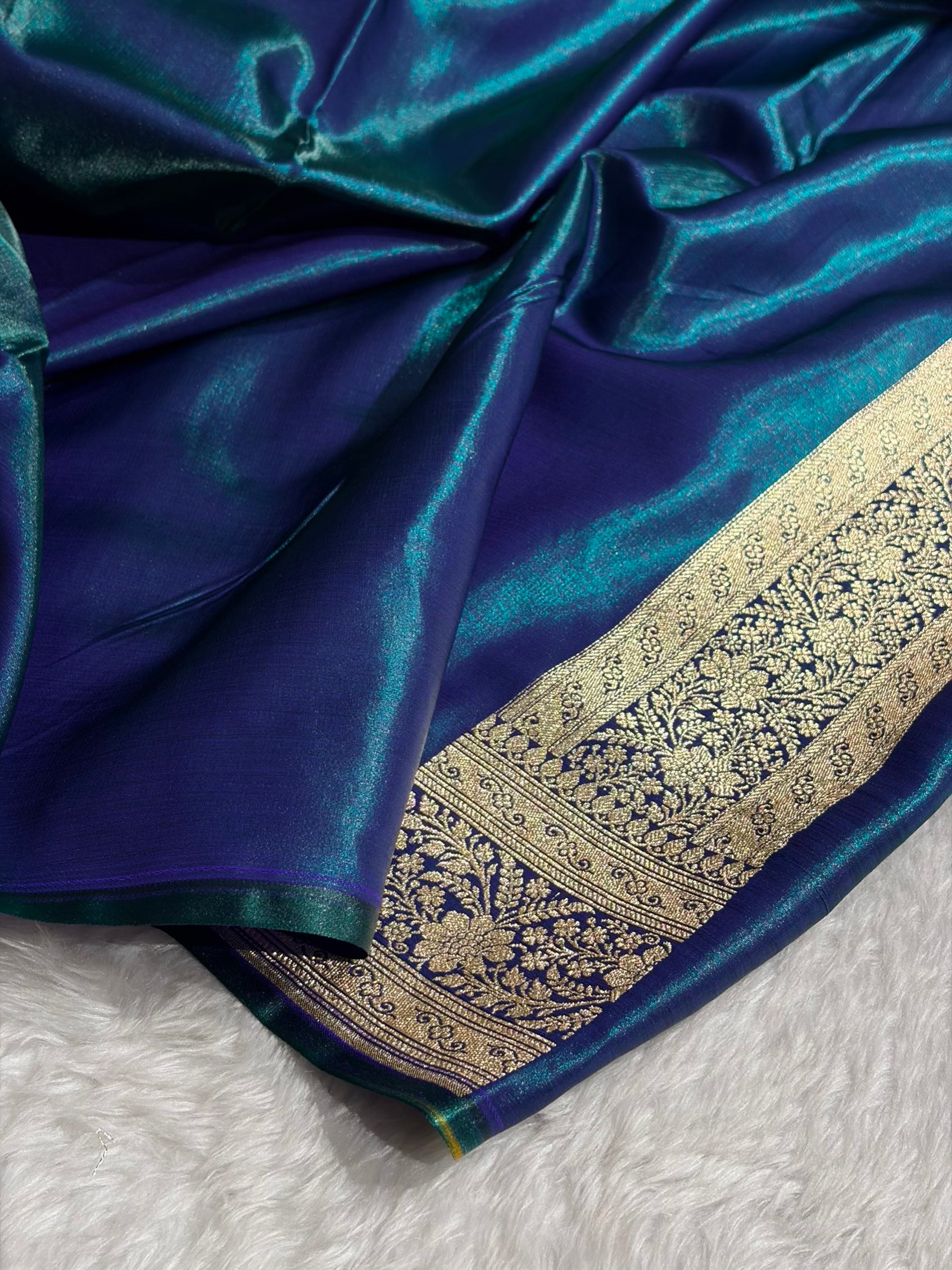 Peacock Shades Stripe Pattern Banarasi Satin Silk Saree SS46
