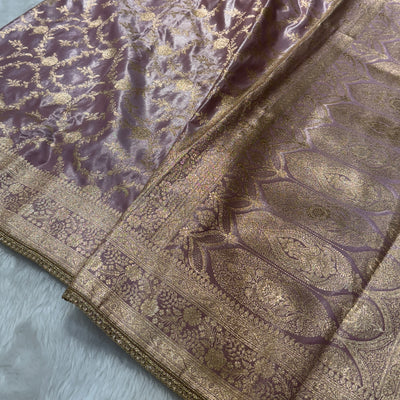 Scintillating Dusty Lavender Colour Satin Silk Banarasi Saree with Allover Jaal Pattern | SKU - SSGP2
