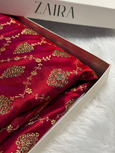Cross Red Floral Jaal Pattern Satin Katan Silk saree BSK42