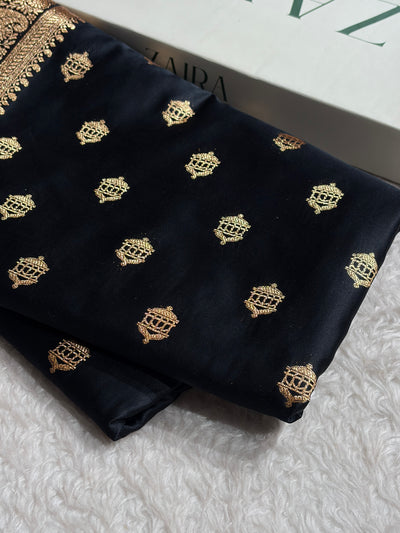 Banarasi Satin Katan Saree Booti Pattern in Black Shades SK137