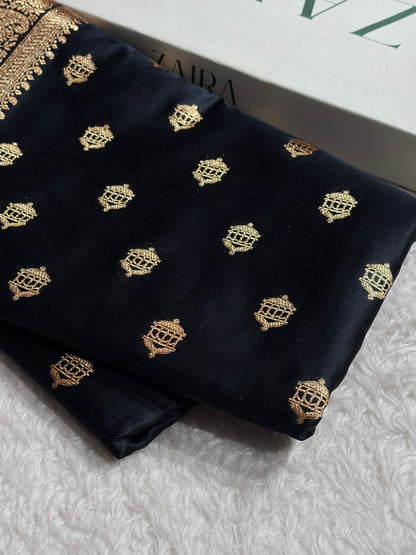 Banarasi Satin Katan Saree Booti Pattern in Black Shades SK137
