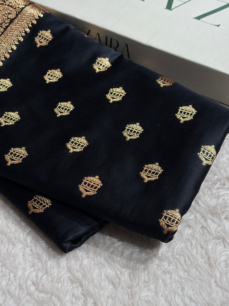 Banarasi Satin Katan Saree Booti Pattern in Black Shades SK137
