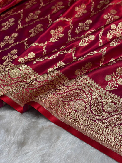 Megentic Red Cross with Boota Pattern Satin Katan Silk Saree SK67