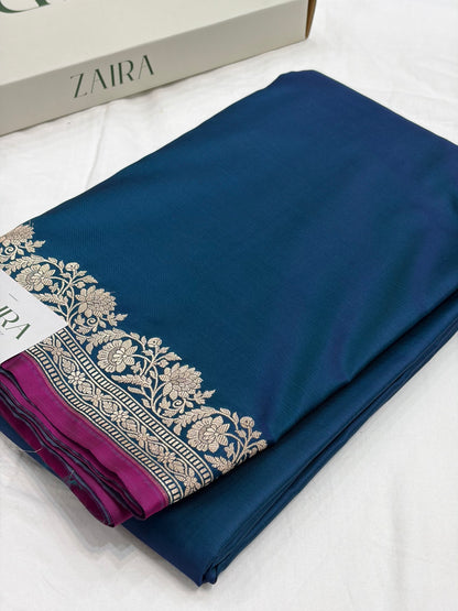 German Blue Shade With Booti Pattern Mashru Silk Saree