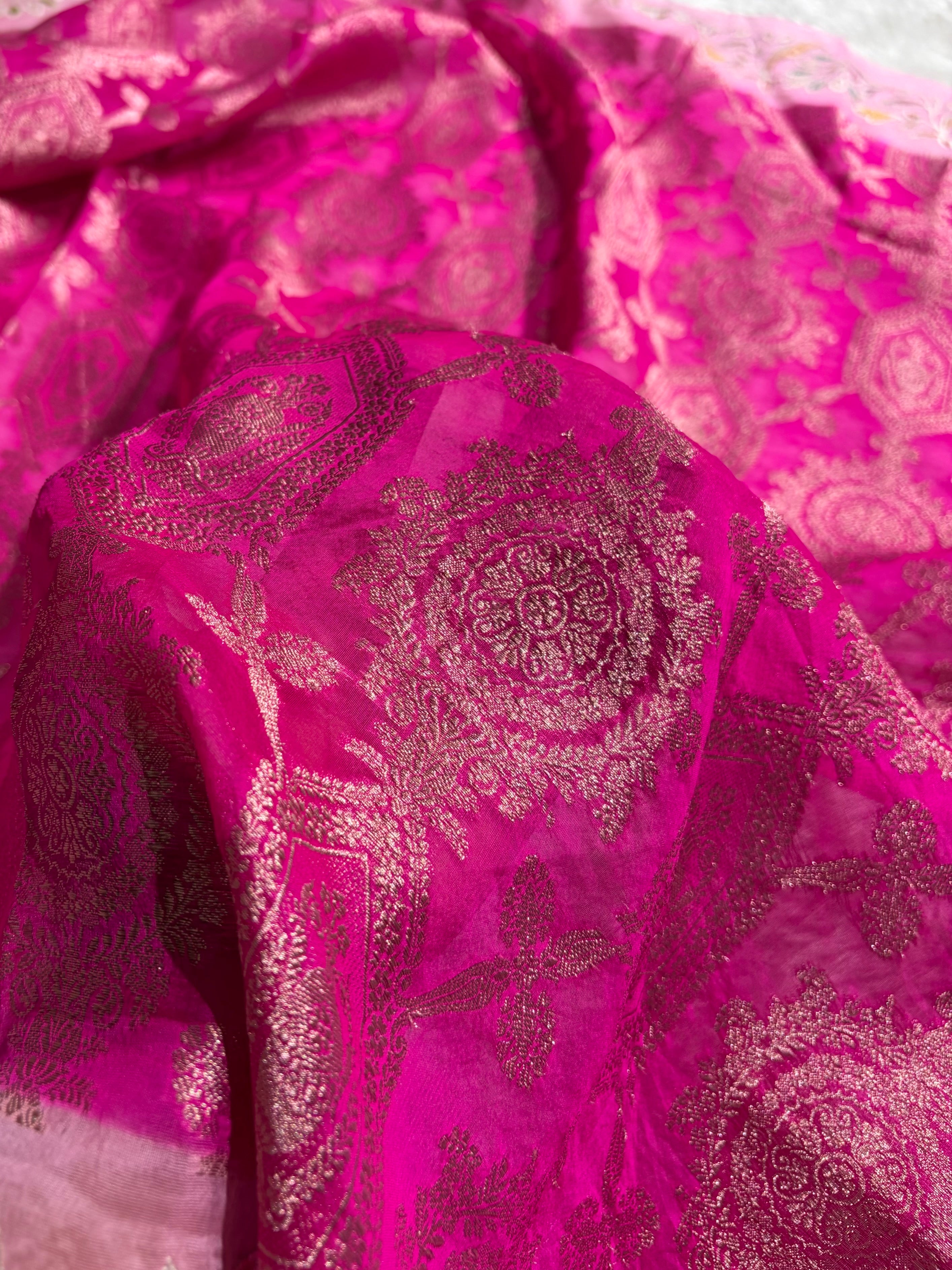 Banarasi Pure Organza Contrast Rani With Baby Pink Shades Banarasi Silk Saree PO-41