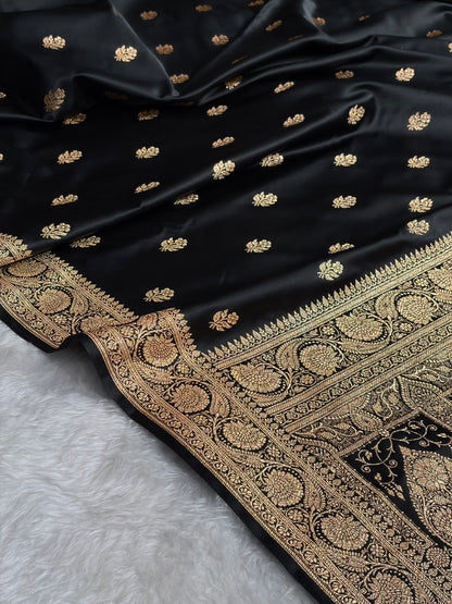 Black Floral Boota Pattern Satin Katan Silk Saree SK71