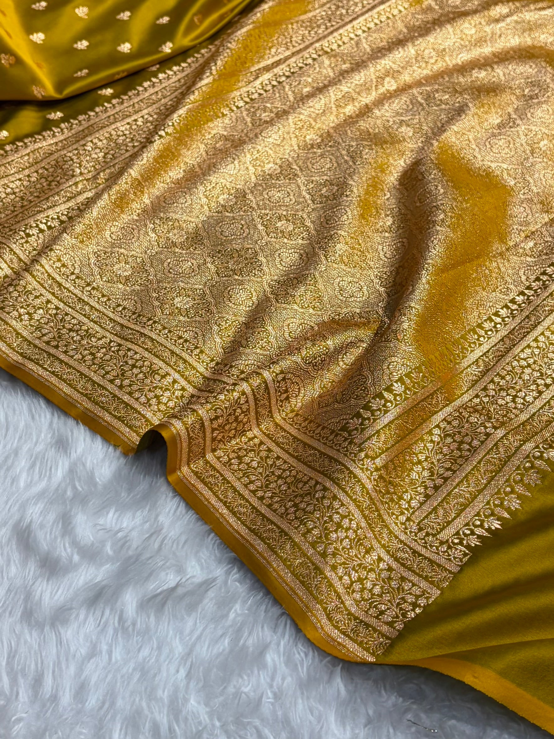 Banarasi Satin Katan Saree With Boota in Liril Mehendi Shades SK89