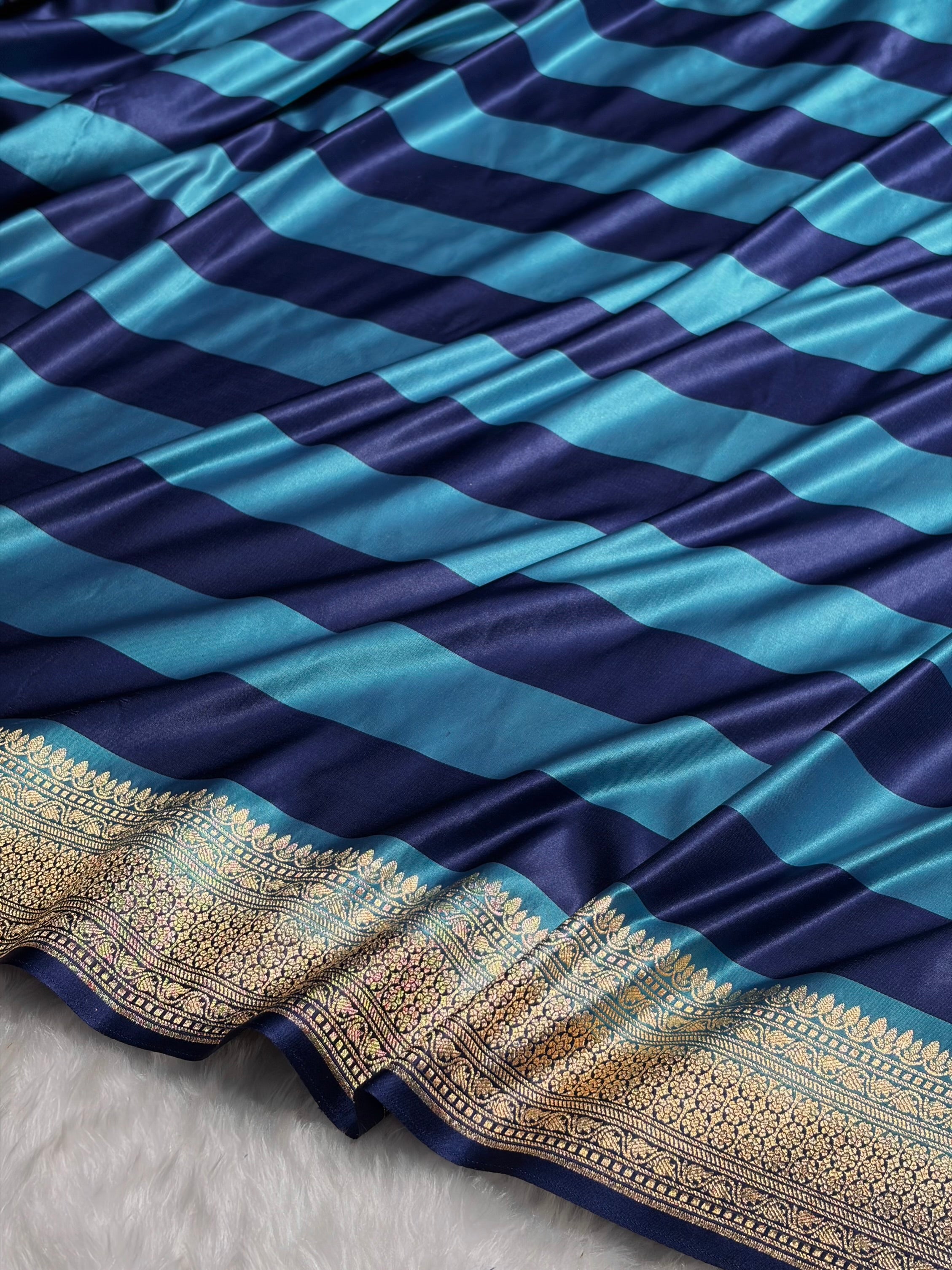 Sly Blue With German Blue Horizontal Strips Floral Border & Brocket Blouse Mashru Silk Saree MSM-84
