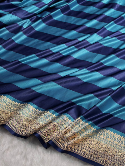 Sky Blue With German Blue Horizontal Strips Floral Border & Brocket Blouse Mashru Silk Saree MSM-84