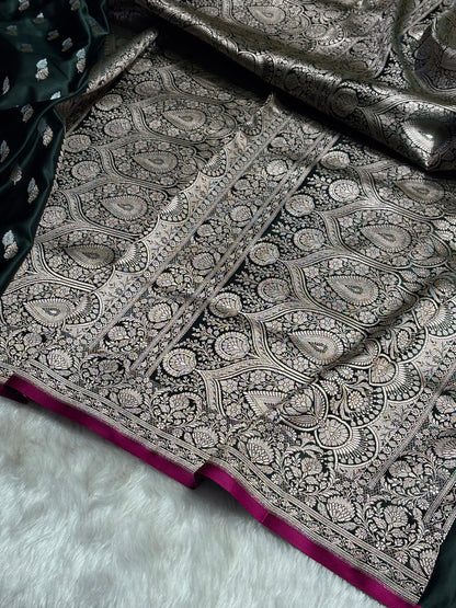 Dark Bottle Green Shades Floral Booti Mashru Silk Saree MSM-69