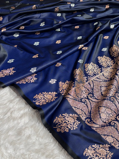 Navy Blue Shades Banarasi With Floral Border Mashru Silk Saree MSM-126
