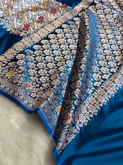 German Blue Shades Banarasi Minakari Boota Skirt Pattern Floral Mashru Silk Saree MSM-116