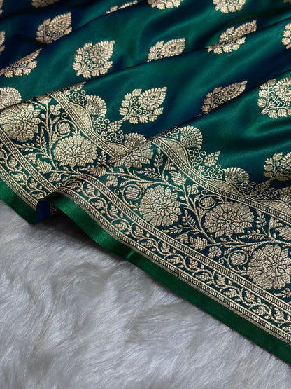 Green Cross Floral Boota Pattern Satin Katan Silk saree SK45