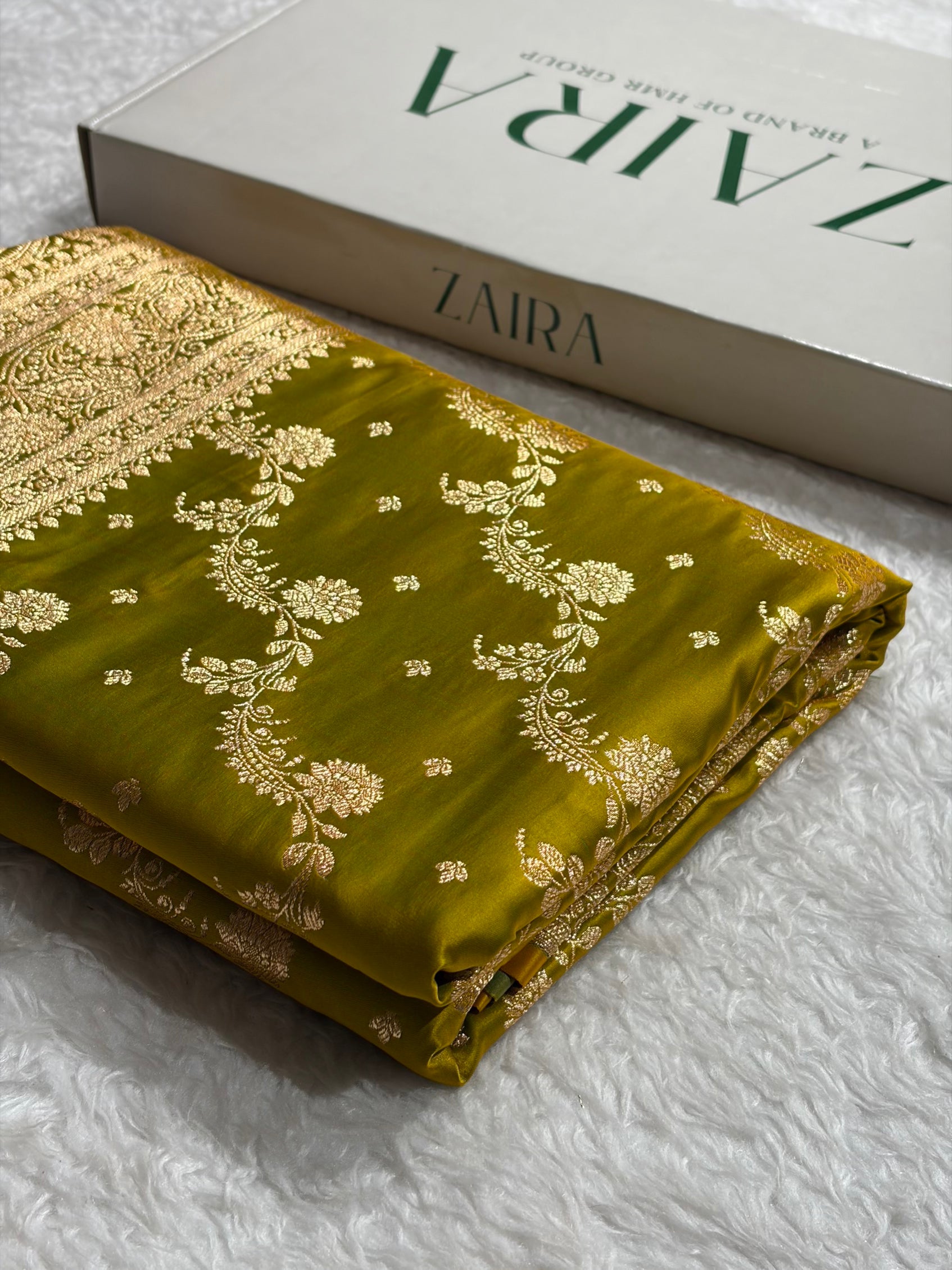 Banarasi Satin Katan Saree With Jaal Pattern in Liril Mehendi Shades SK121