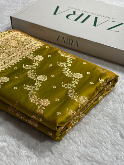 Banarasi Satin Katan Saree With Jaal Pattern in Liril Mehendi Shades SK121