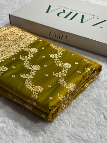 Banarasi Satin Katan Saree With Jaal Pattern in Liril Mehendi Shades SK121