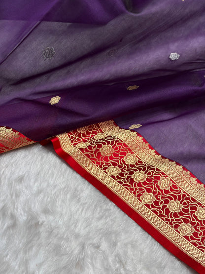 Contrast Banarasi Pure Organza Purple With Red Floral Banarasi Silk Saree PO-10