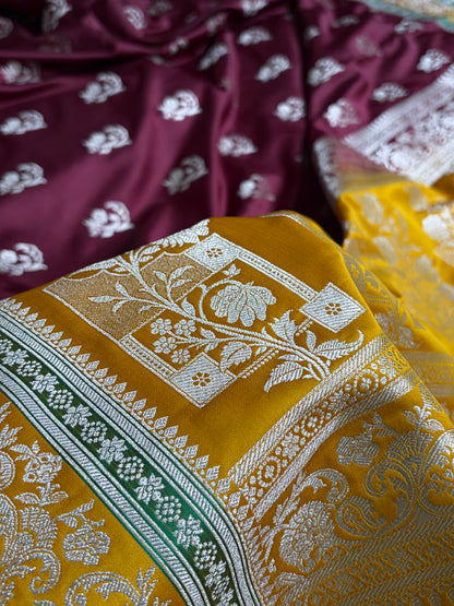 Banarasi Chocolate With Contrast Mustard Floral Border Mashru Silk Saree MSM-100
