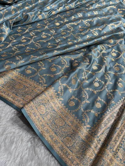 Powder Blue Shades Floral Jaal Pattern Satin Katan Silk saree SK55