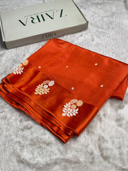 Orange Shade Handwoven Kaduwa Pure Katan Raw Mango Silk RM-05