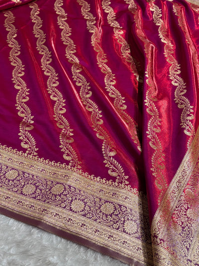 Magenta Red Contrast Shades Cross Pattern Banarasi Satin Silk Saree SS39