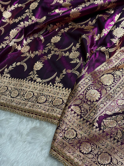 Satin Silk Banarasi Jaal In Wine Shades with Gota Patti SSGP18