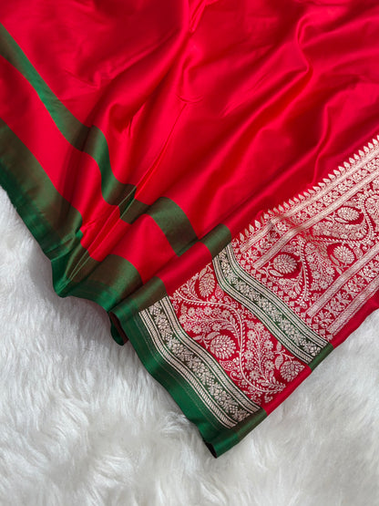 Banarasi Orange With Contrast Red Floral Border Mashru Silk Saree MSM-101